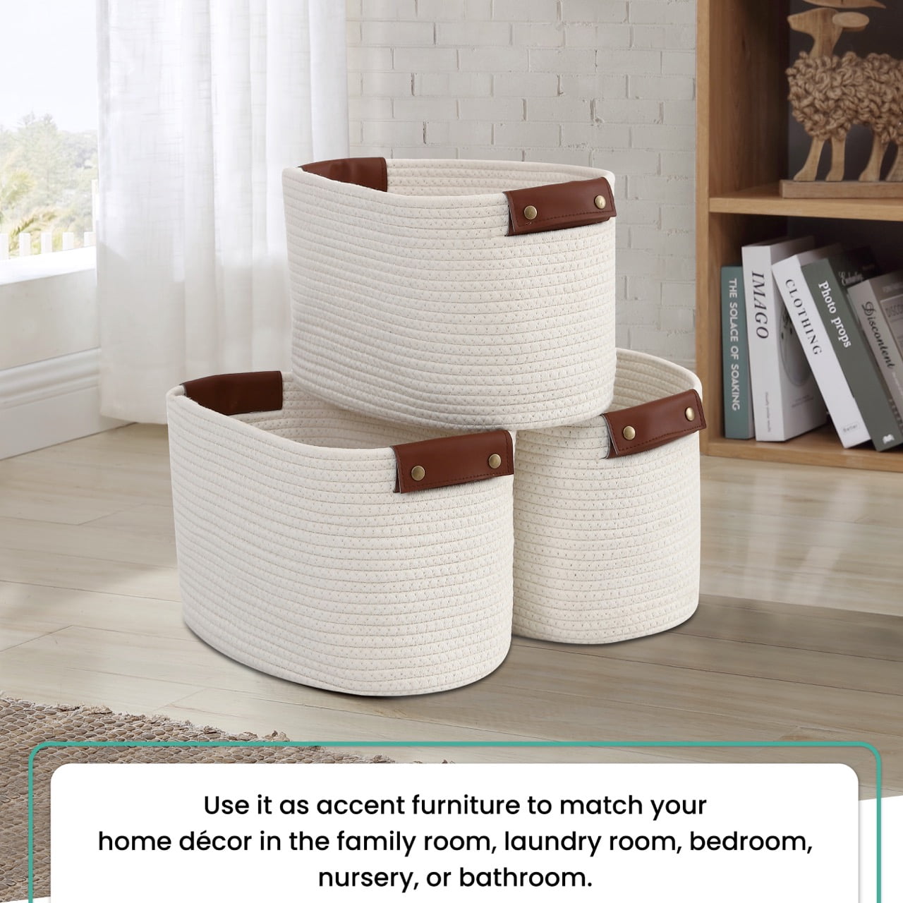 3 Pack Woven Cotton Rope Shelf Storage Basket with Leather Handles, Baby Nursery Storage Bin Organizers, Closet Shelf Storage - 15 x 10 x 9