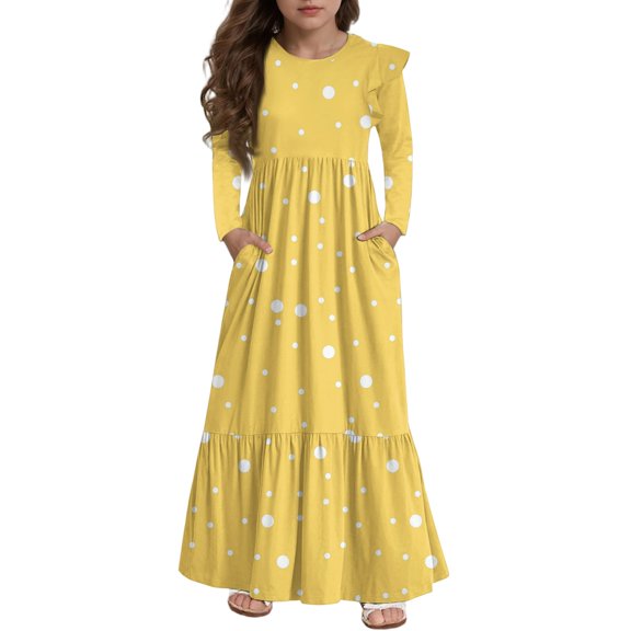 Abcomgle Girls Dresses Size 10-12 Casual A-Line Ruffle Long Sleeve Girls Long Dresses Polka Dot Crew Neck Sundresses Tiered Boho Dresses with Pockets,Yellow