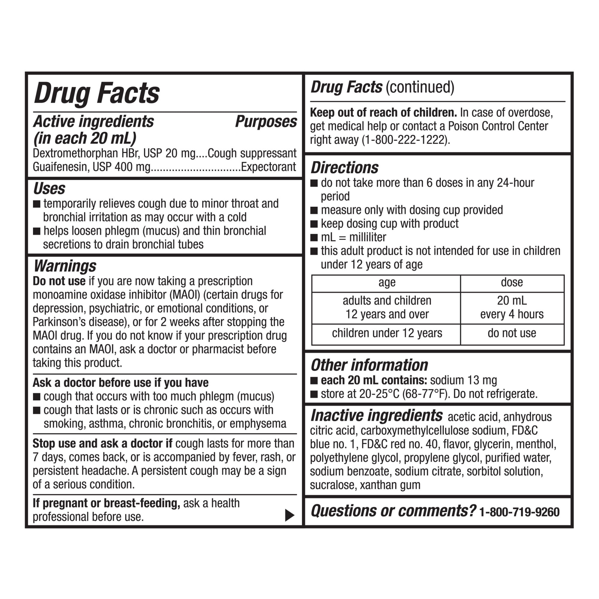 Equate Chlorine-Free (in each 20 mL) Dextromethorphan HBr, USP 20 mg, Guaifenesin, USP 400 mg Cough & Cold, Chest Decongestant Liquid for Cold Full Size with Dosage cup 20mg 4 fl oz