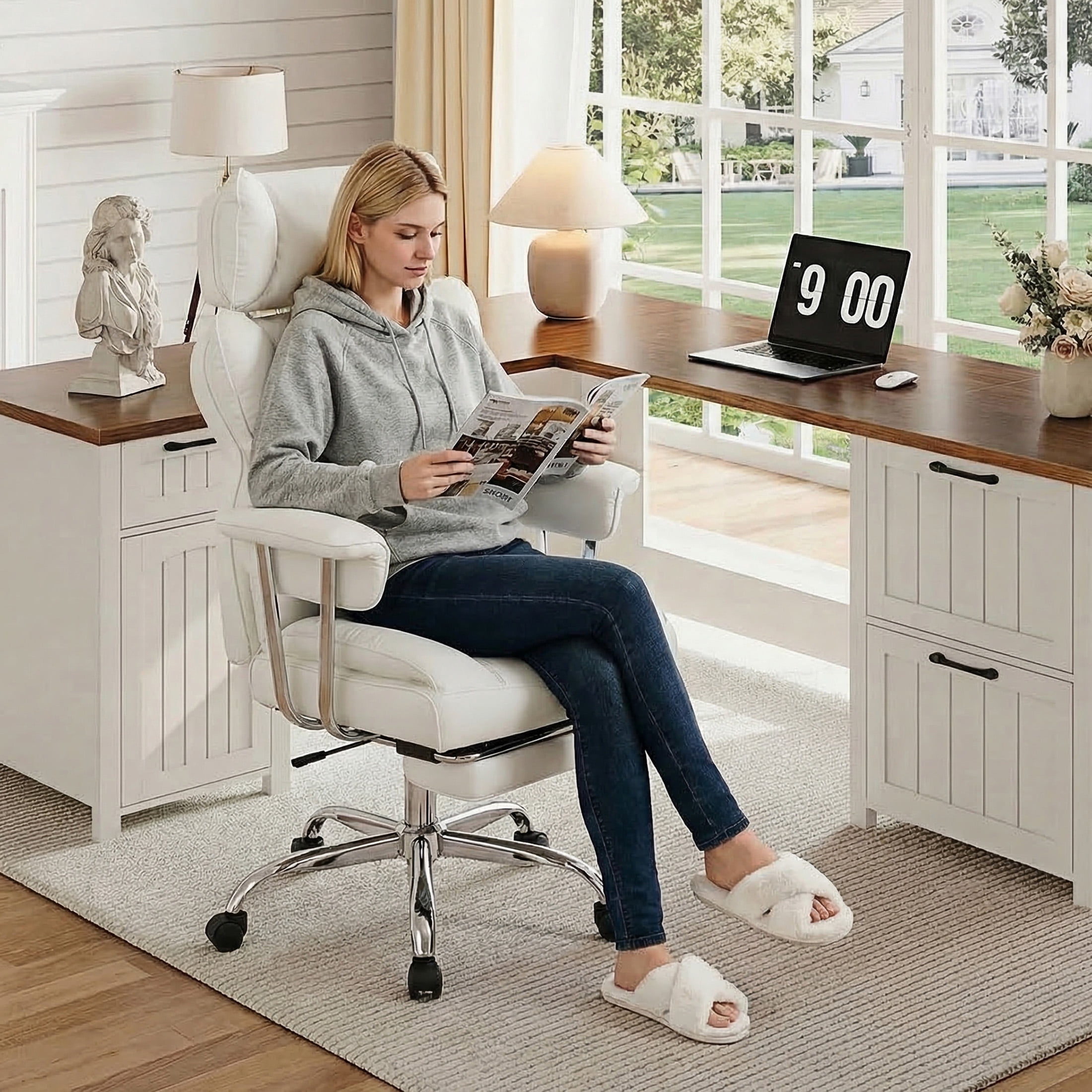 EDX Big and Tall Office Chair, Ergonomic PU Leather Executive Computer Chair with Footrest, Pocket Spring Support, 350 LBS Capacity, For Home Office, Beige