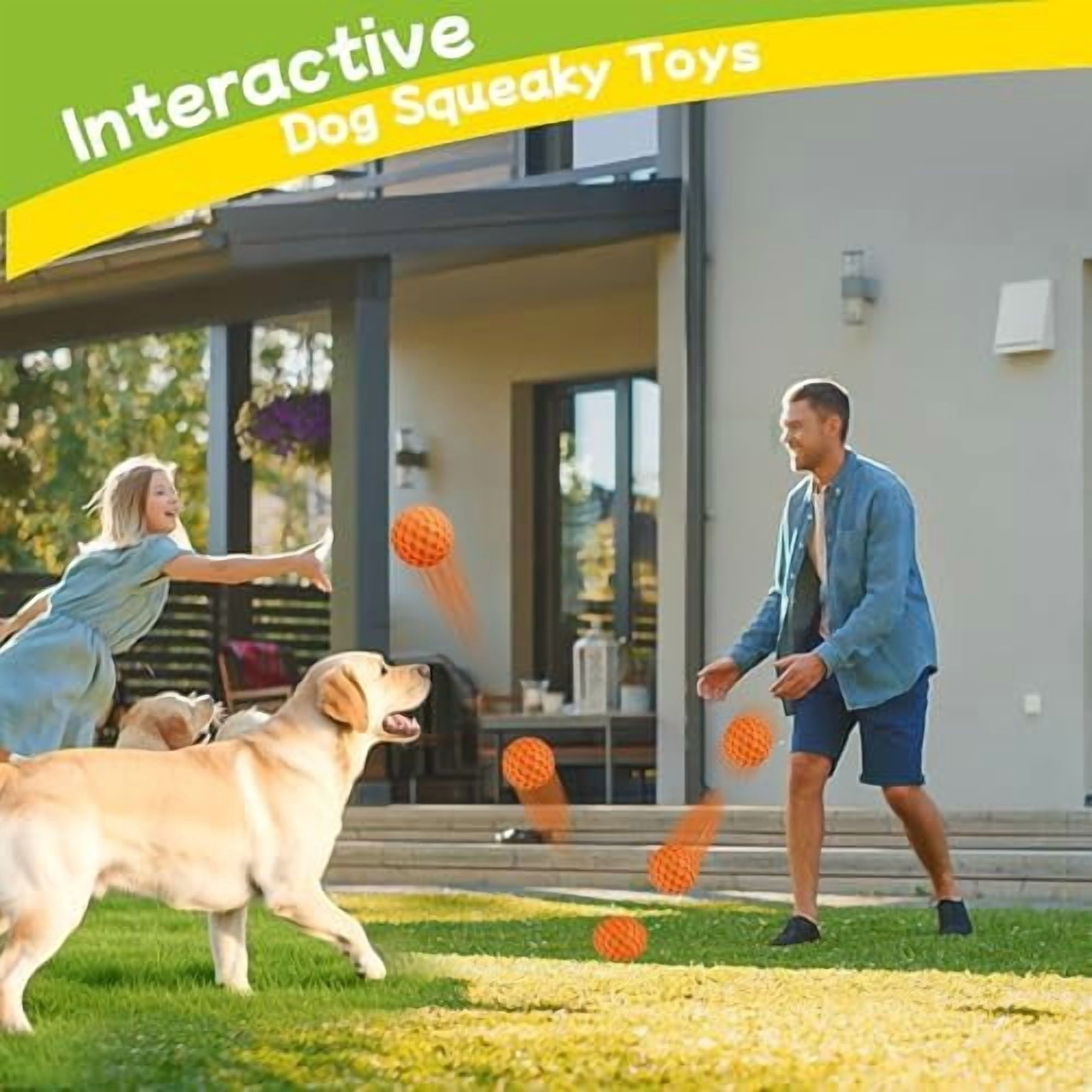 Indestructible Squeaky Dog Balls for Aggressive Chewers, Interactive Dog Toys to Keep Them Busy, Rubber Dog Chew Toy for Large Medium Breeds, Outdoor Waterproof (4 Colors)