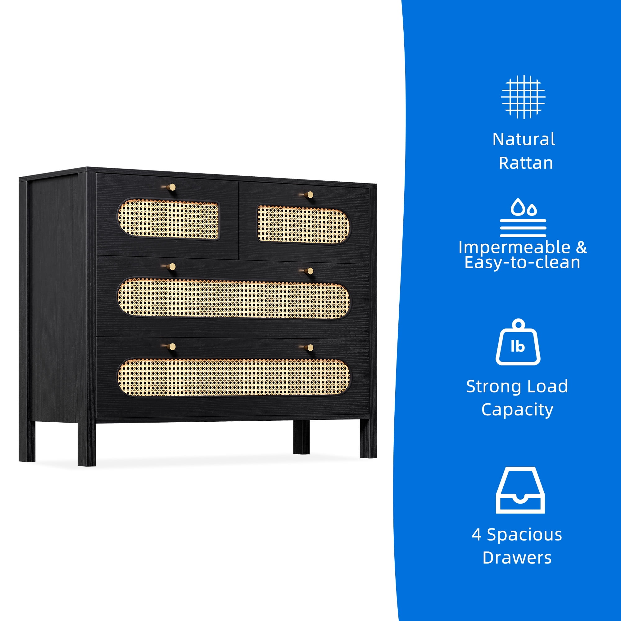 Dextrus 4 Horizontal Drawer Dresser, Wood Storage Cabinet Chest of Drawers, Black Oak