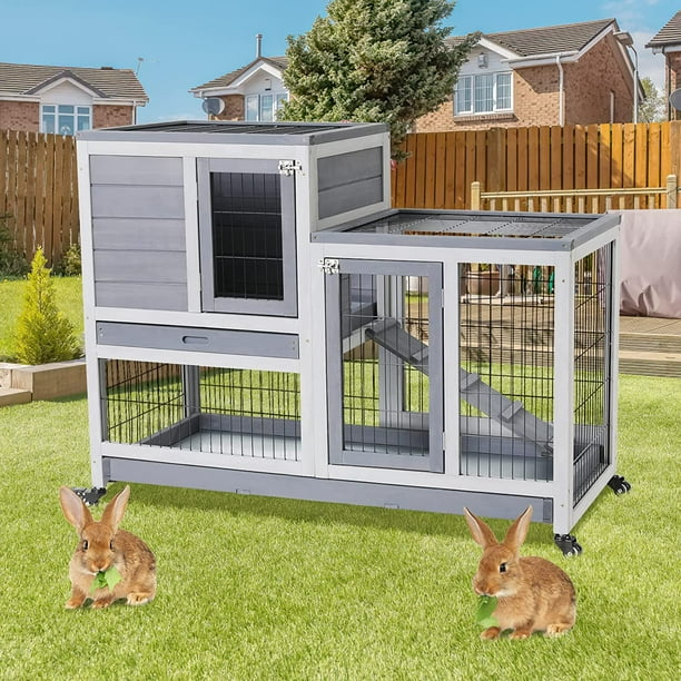 LAZY BUDDY Rabbit Hutch, Bunny Cage with Casters & Ramp, Indoor Outdoor