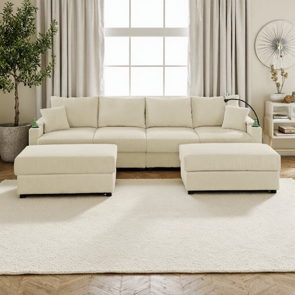 Vinform 132" U Shaped Couch with 2 Ottomans and Toss Pillows, Sectional Sofa with Storage, Phone Holder and Cup Holder for Living Room , Corduroy