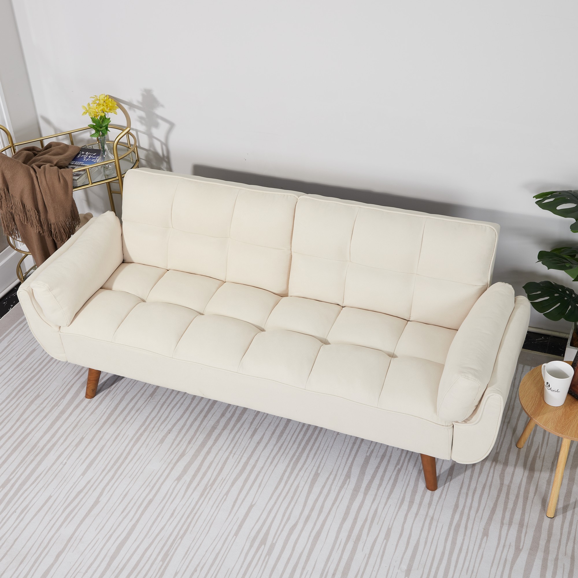 Gewnee Mid-Century Modern Beige Sofa - Solid Eucalyptus Wood Frame, 500 lbs Capacity, S-Shaped Springs for Apartments, Living Rooms, Studies