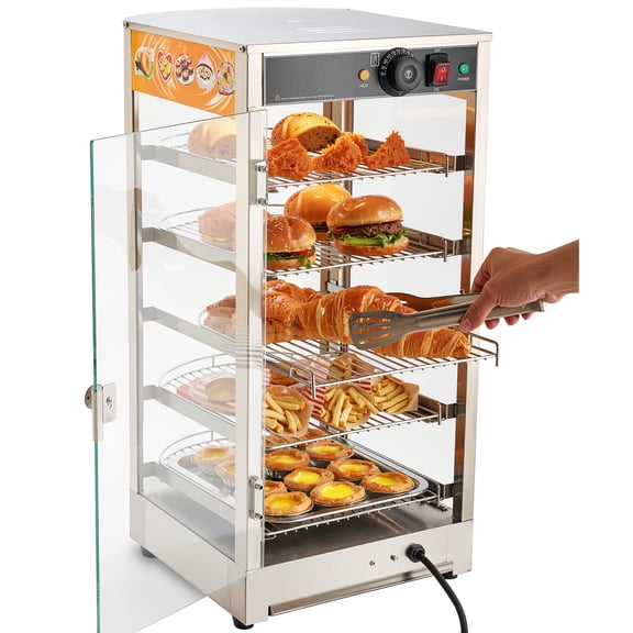 KFFKFF 5-Tier Commercial Food Warmer Display, 800W Countertop Food Warmer with LED Lighting, Adjustable Shelves, Stainless Steel Construction, 86℉~185℉ Temperature Range, 60L Capacity for Burgers