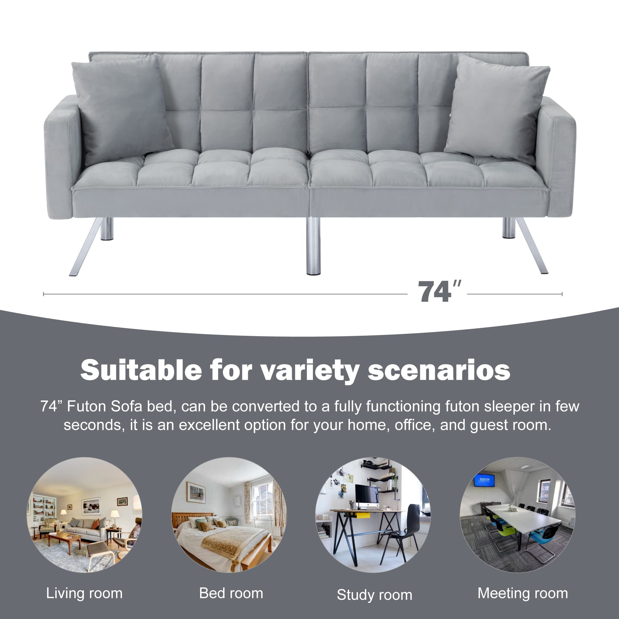 BSHTI Velvet Futon Sofa Bed 74” Convertible Sleeper – Split-Back 3-Position Adjustable, Solid Wood Frame, 2 Pillows, Easy Assembly, for Living Room Office Guest Room, Gray