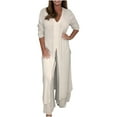 thumbnail image 2 of Women's 2 Piece Outfits Clearance Women's Solid V-Neck Long Sleeve Split Top And Pants Set Wide Leg Pants, 2 of 5