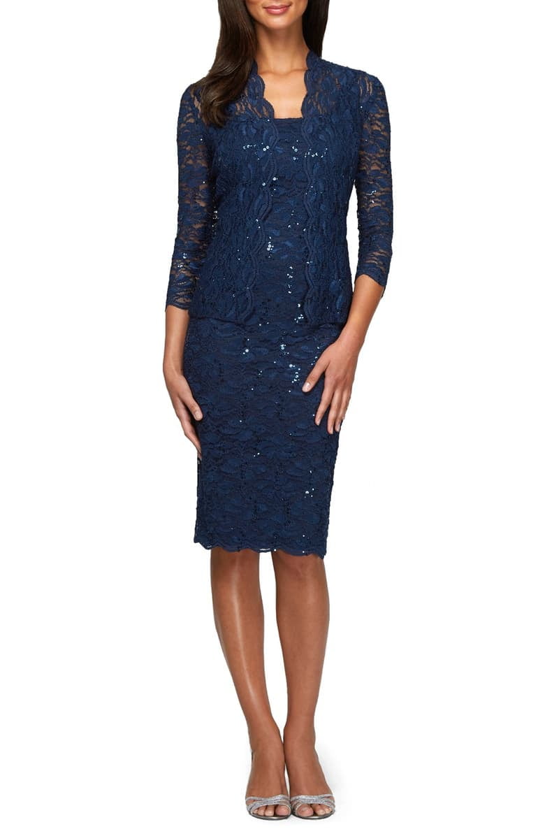 Alex Evenings Dresses Womens Sheath Dress Navy Petite Floral Lace 8P