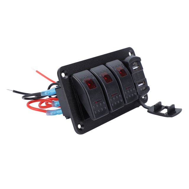 3 Gang Rocker Switch Panel with Voltmeter Dual USB Fast Charging for Boat Car Truck