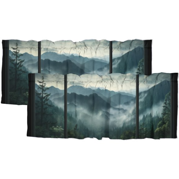 Misty Forest Thermal Insulated Window Curtain Valance Rustic Wooden Window Forest Mountain Scenery Privacy Decorative Rod Pocket Short Window Valance Curtains 54 by 18 in, 2 Panel