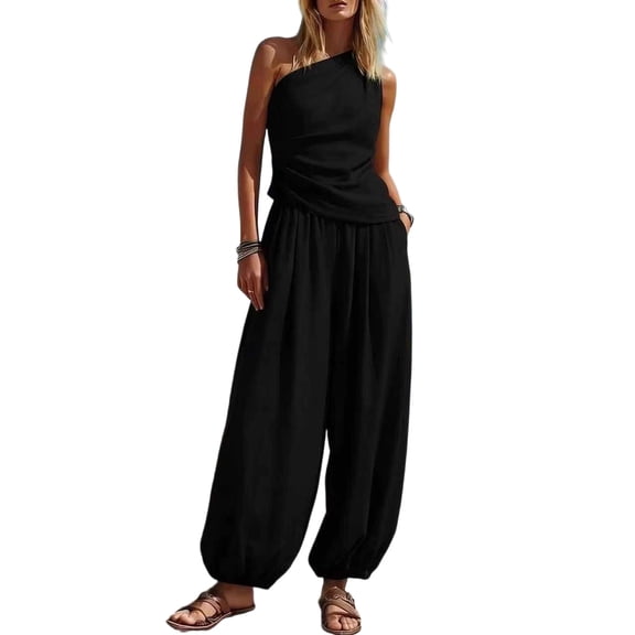 Guluxicc 2 Piece Womens Outfit Sets One Shoulder Sleeveless Ruched Waist Top High Waist Harem Pants Outfits with Pockets for Casual Wear