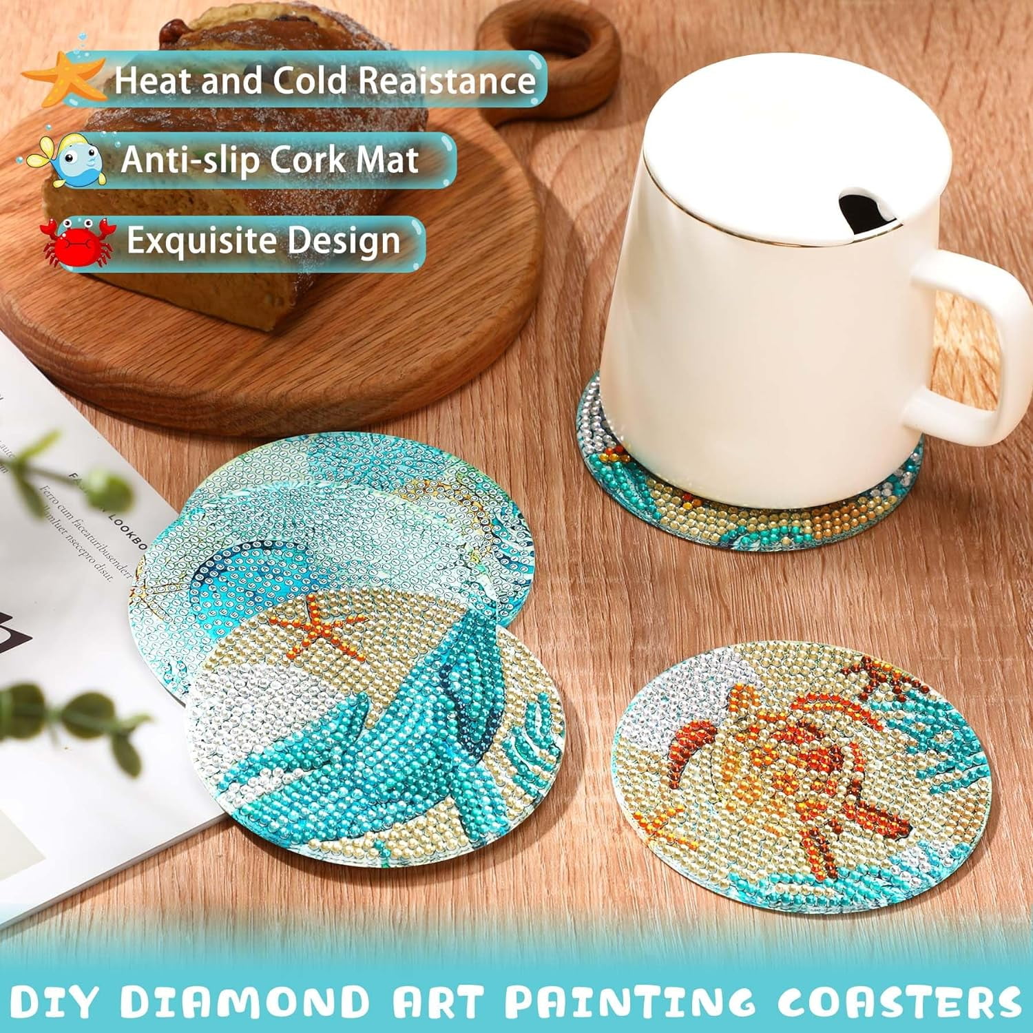 Goyunwell 8Pcs Ocean Diamond Art Painting Coasters Kits with Holder Diamond Art Non Slip Coaster Kits DIY with Holder Crafts for Adults Diamond Art Painting Kits Supplies for Christmas Gift