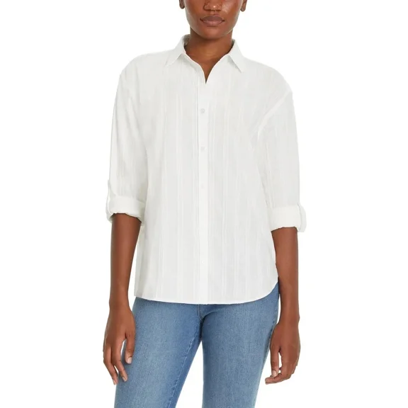 Gloria Vanderbilt Button Down Pointelle 100% Cotton Shirt Top White XS