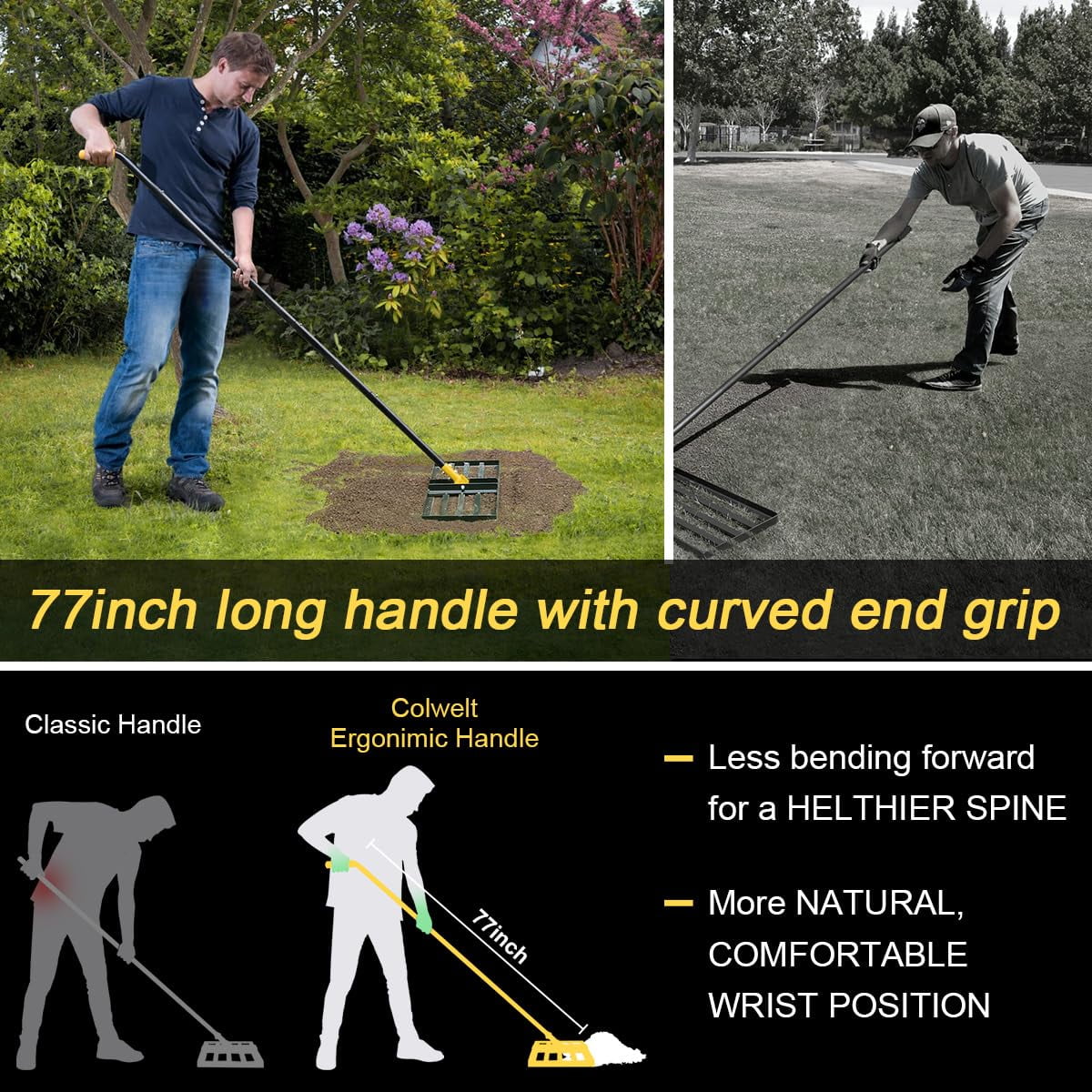 Colwelt Lawn Leveling Rake17'' x10'', Leveling Rake for Soil with 77’’ Adjustable Curved End Grip Handle, Lawn Leveling Tool Yard Leveler for Leveling Soil