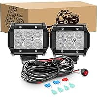 Waywe 2PCS 18W LED Pods Flood Light Bar Fog Light Driving Lighting with 16AWG Off Road Wiring Harness-2 Leads for Truck Golf Cart SUV ATV UTV Boat