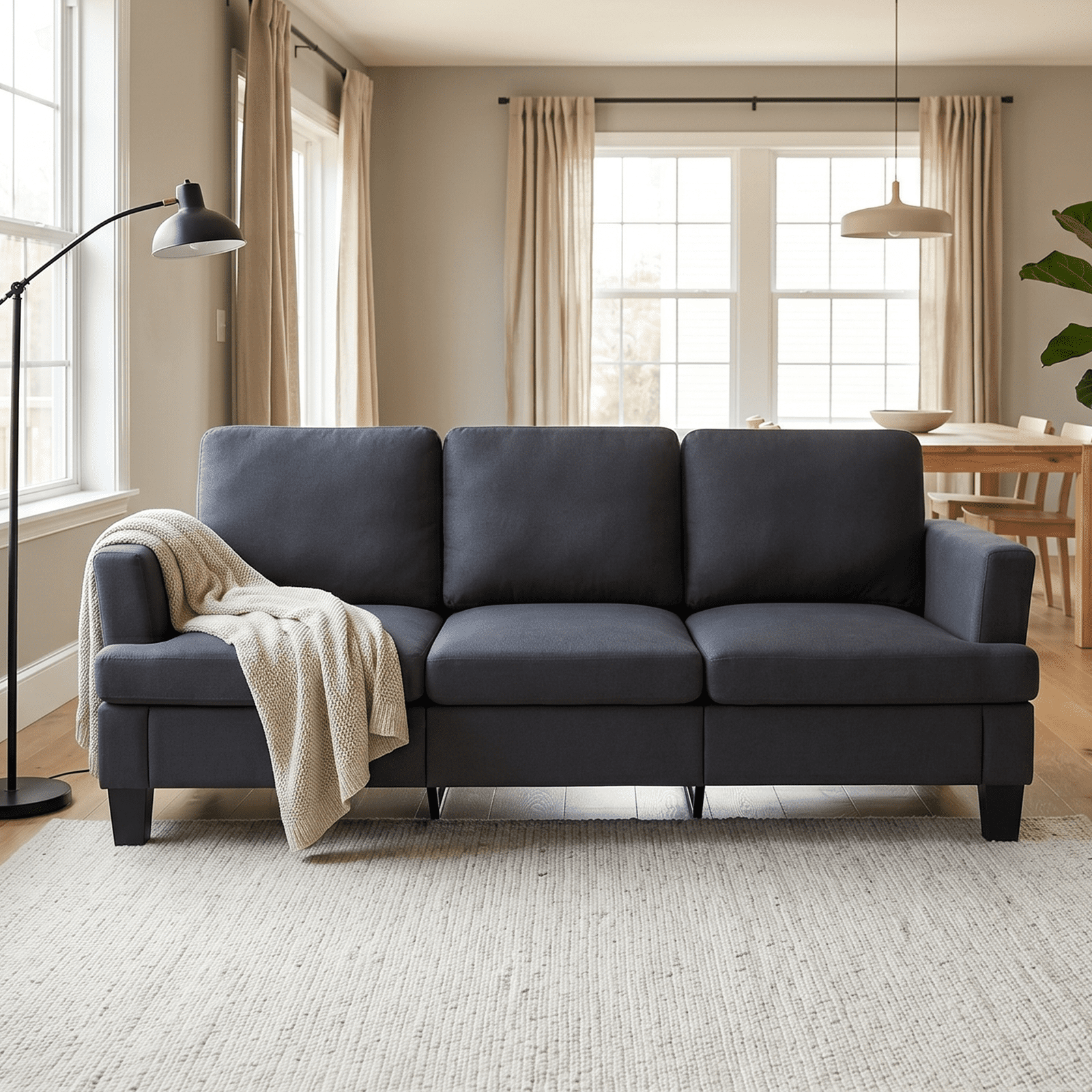 3 Seater Sofa, 84" Linen Upholstered Sofa with Deep Seats, Classic Modern Couch for Living Room, Dark Gray