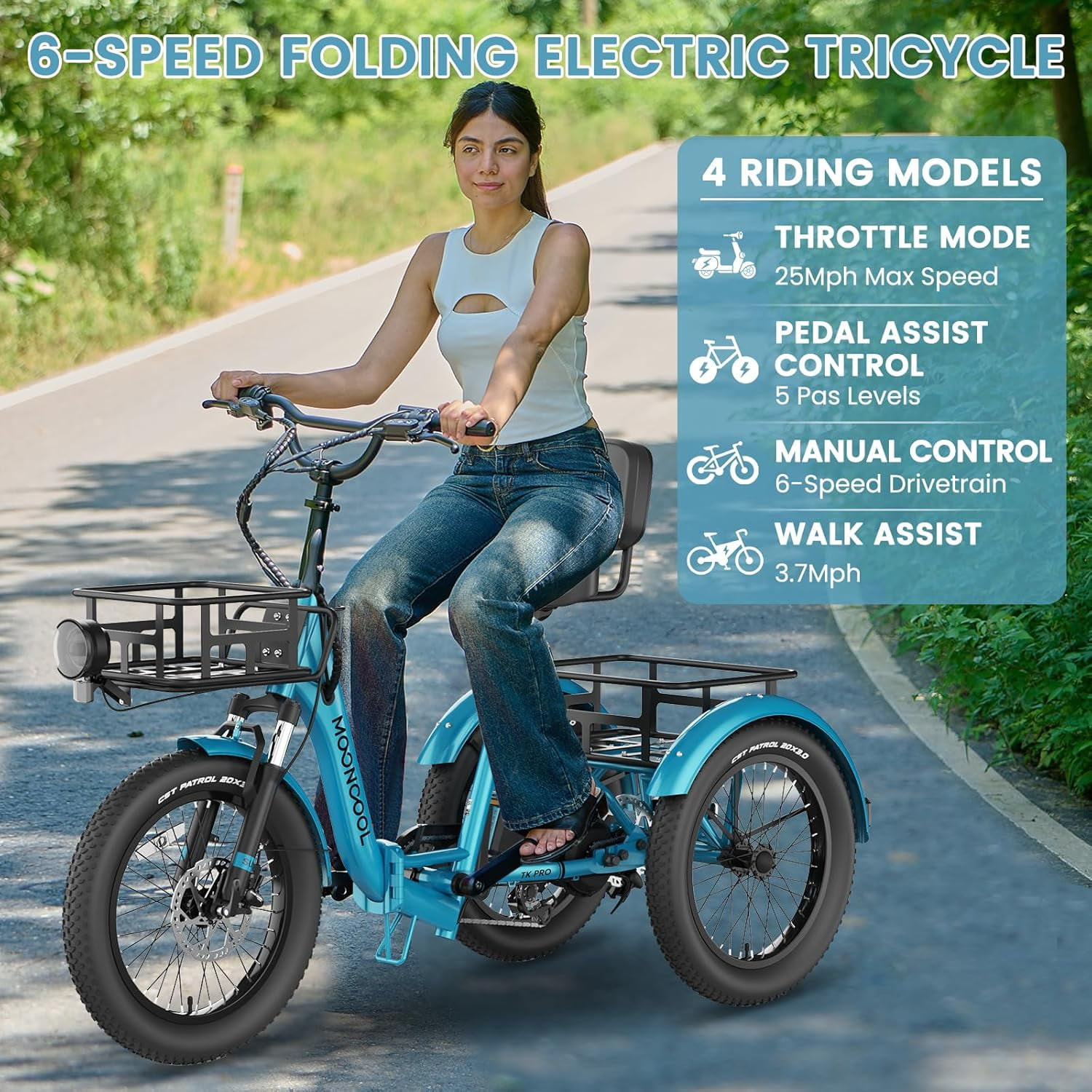 ABORON 20" Fat Tire Electric Trike 750W 48V Motorized Folding Commute E-Bike for Adult, Foldable 3 Wheel Electric Bicycle Trike for Senior Women with Front & Rear Basket