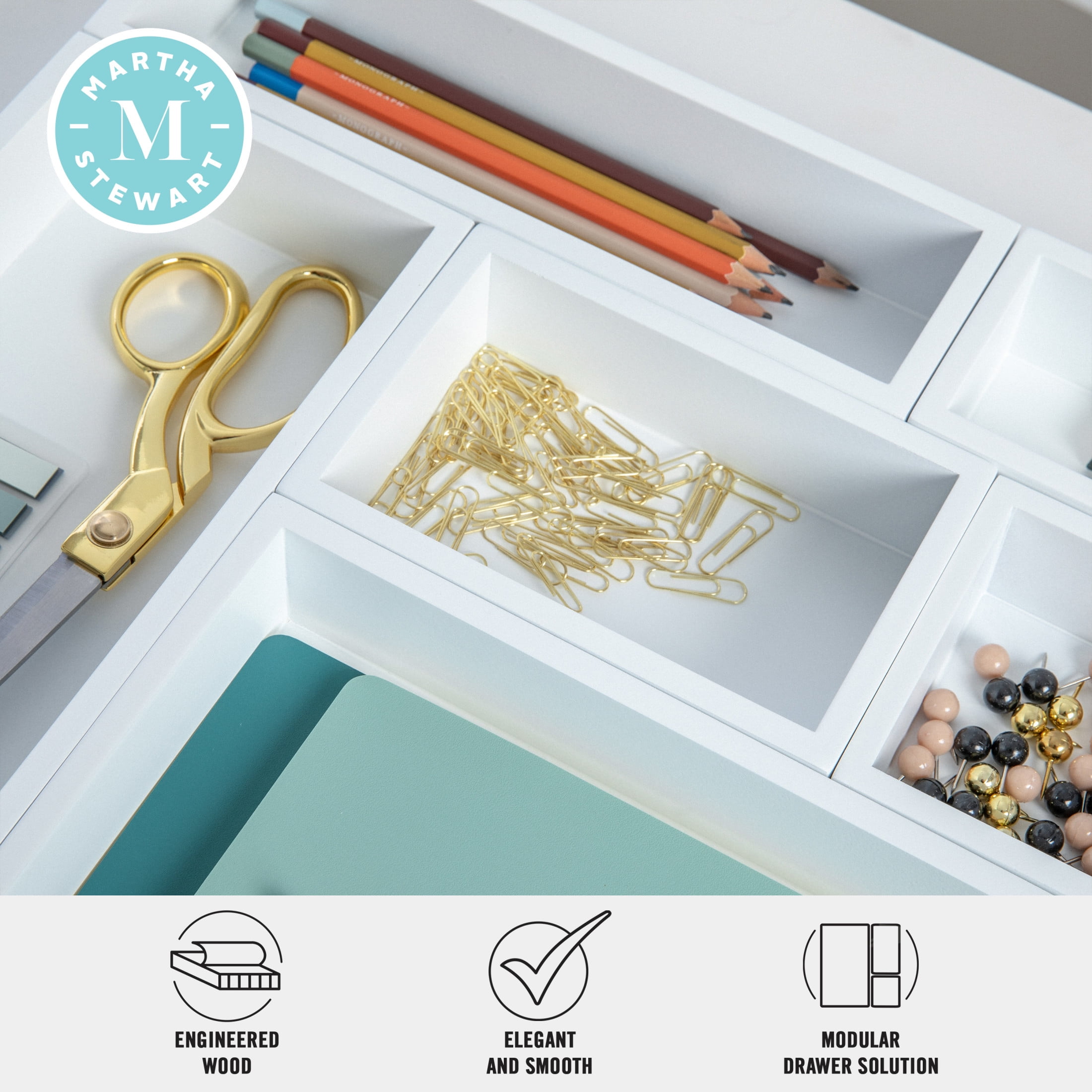 Martha Stewart Enzo 6 Piece Wooden Desk Drawer Organizer Set in White