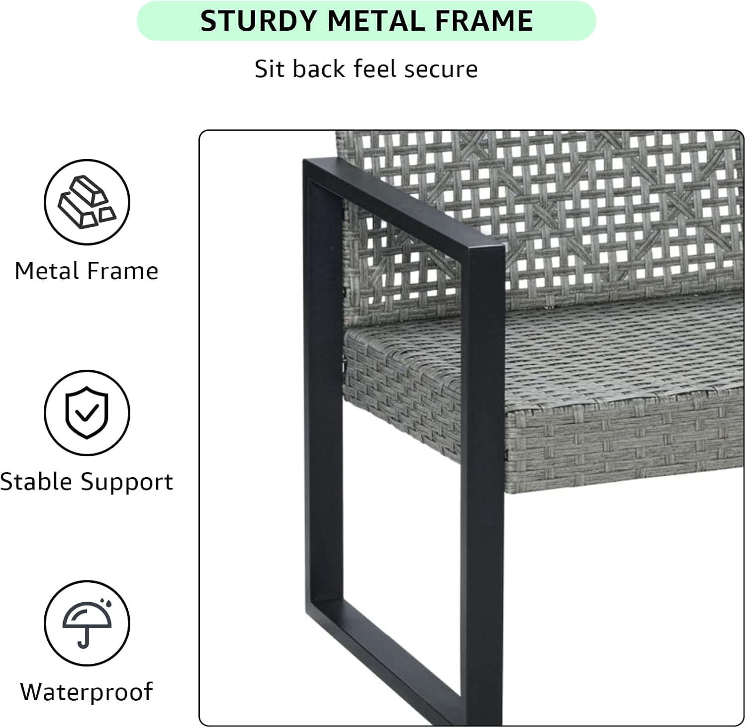 4-Piece Outdoor Patio Furniture Set, Acacia Wood Table Top, Light Gray Rattan with Blue Cushions