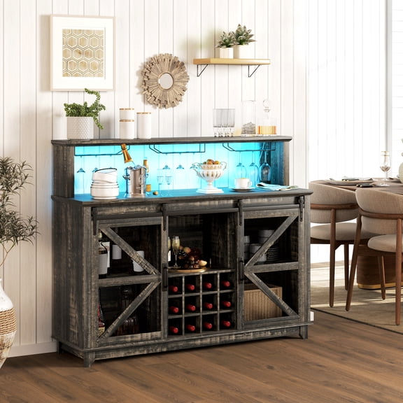 HOMCOM Farmhouse Coffee Bar Cabinet with LED Lights and Sliding Barn Doors, 55" Wine Bar Cabinet with Wine Racks and Glass Holder, Distressed Brown
