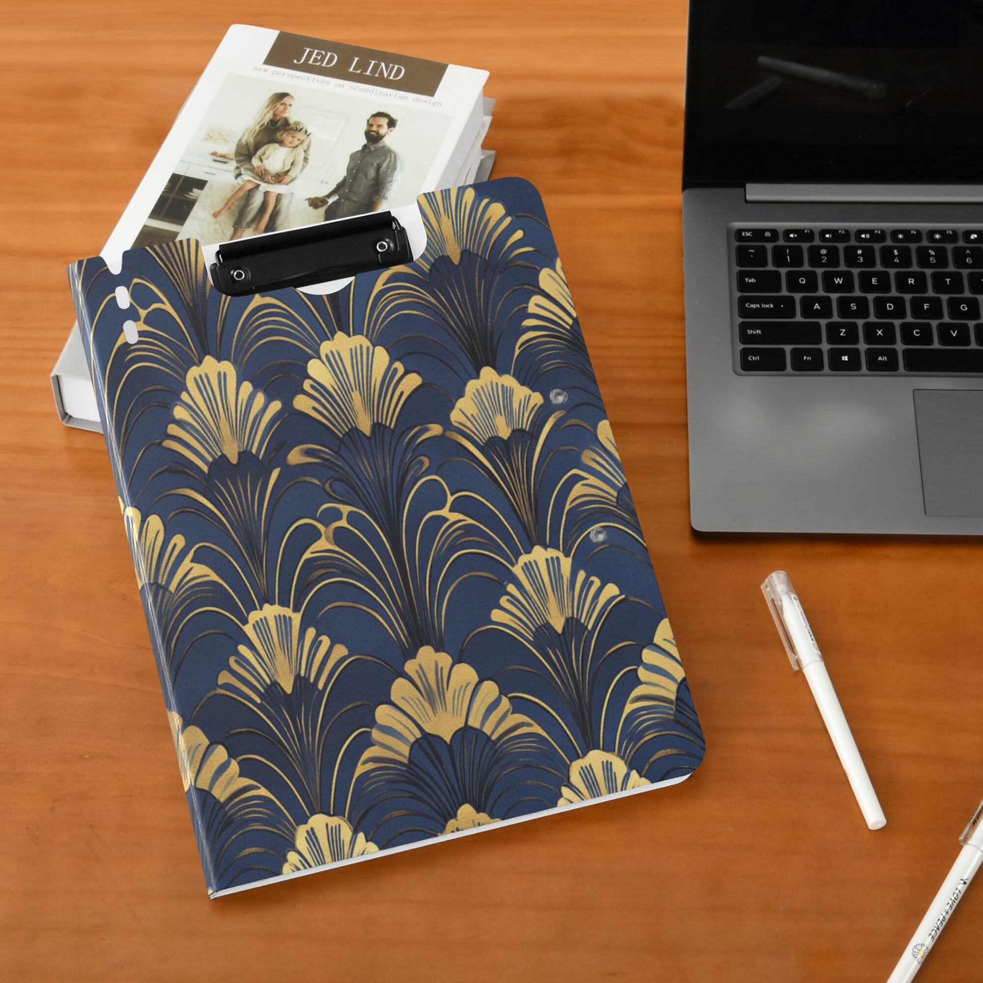 FORMRS A4 Clipboard Folder with Pen Holder Horizontal Foldable School Office Binder, Gold Art Pattern
