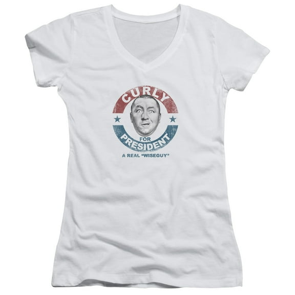 Three Stooges Curly For President Junior Women's T-Shirt V-Neck White