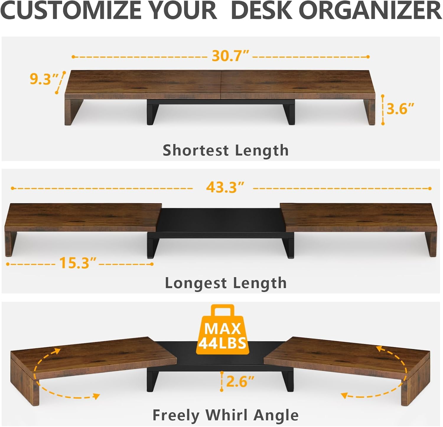 Dual Monitor Stand Riser, Computer Monitor Stands for 2 Monitors, Extra Long Multifunctional Wooden Desktop Organizer Riser for Computer, Laptop, PC, Printer, TV, Max 43.3" Length