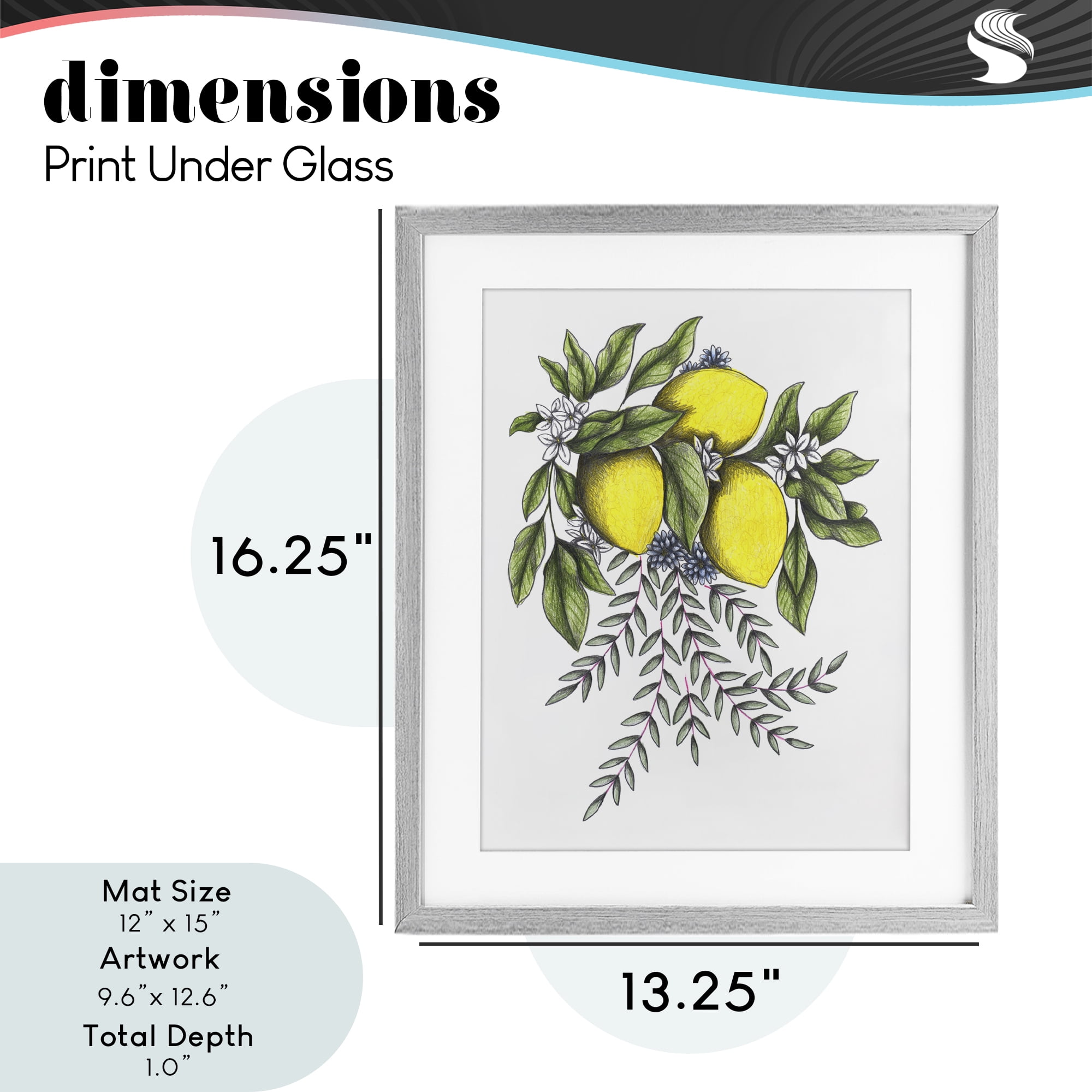 Lemons & Flowers Vintage Sketch Gray Framed Print Under Glass, design by Cecilia Battaini