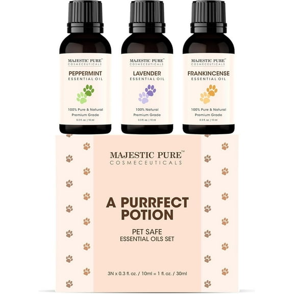 Majestic Pure, Lavender, Peppermint and Frankincense Pet Essential Oil Set | Pet Friendly and Provides Peaceful Atmosphere Used for Diffuser, Room Spray and Topical | Set of 3