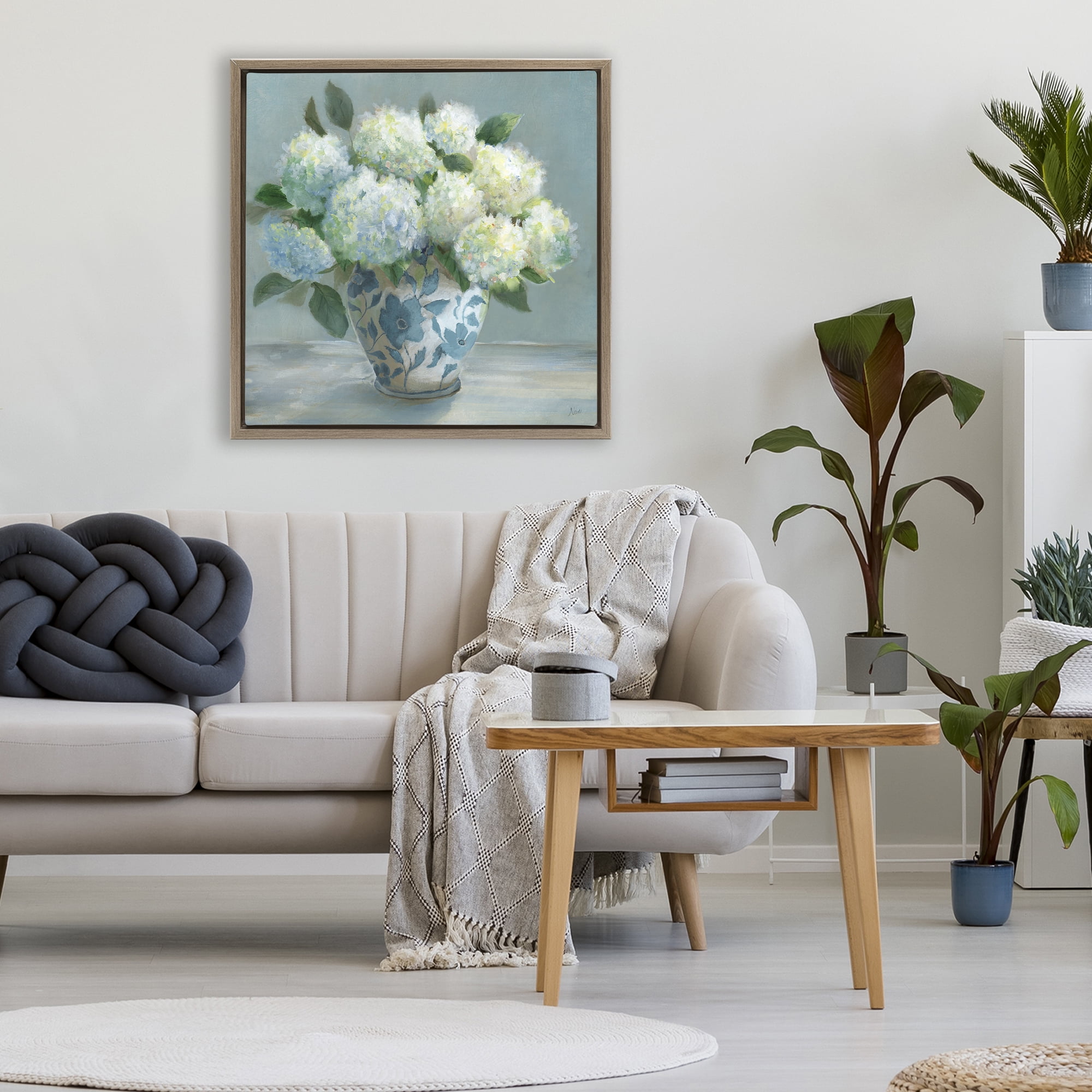 Stupell Industries Hydrangeas in Elegant Vase Brown Framed Floater Canvas Wall Art, design by Nan
