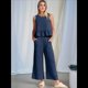 thumbnail image 5 of Conjunto de Chaleco Informal Sin Mangas con Cuello Redondo Plisado y Pantalones Cortos de Pierna para Mujer, Azul Marino, Talla S, 5 of 6