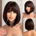 thumbnail image 1 of Peluca con flequillo recto, ondas marrones, cabello corto, bobo, pelucas naturales para uso diario que cubren toda la cabeza, 1 of 4