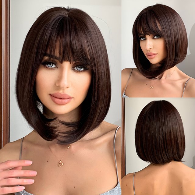 Peluca con flequillo recto, ondas marrones, cabello corto, bobo, pelucas naturales para uso diario que cubren toda la cabeza