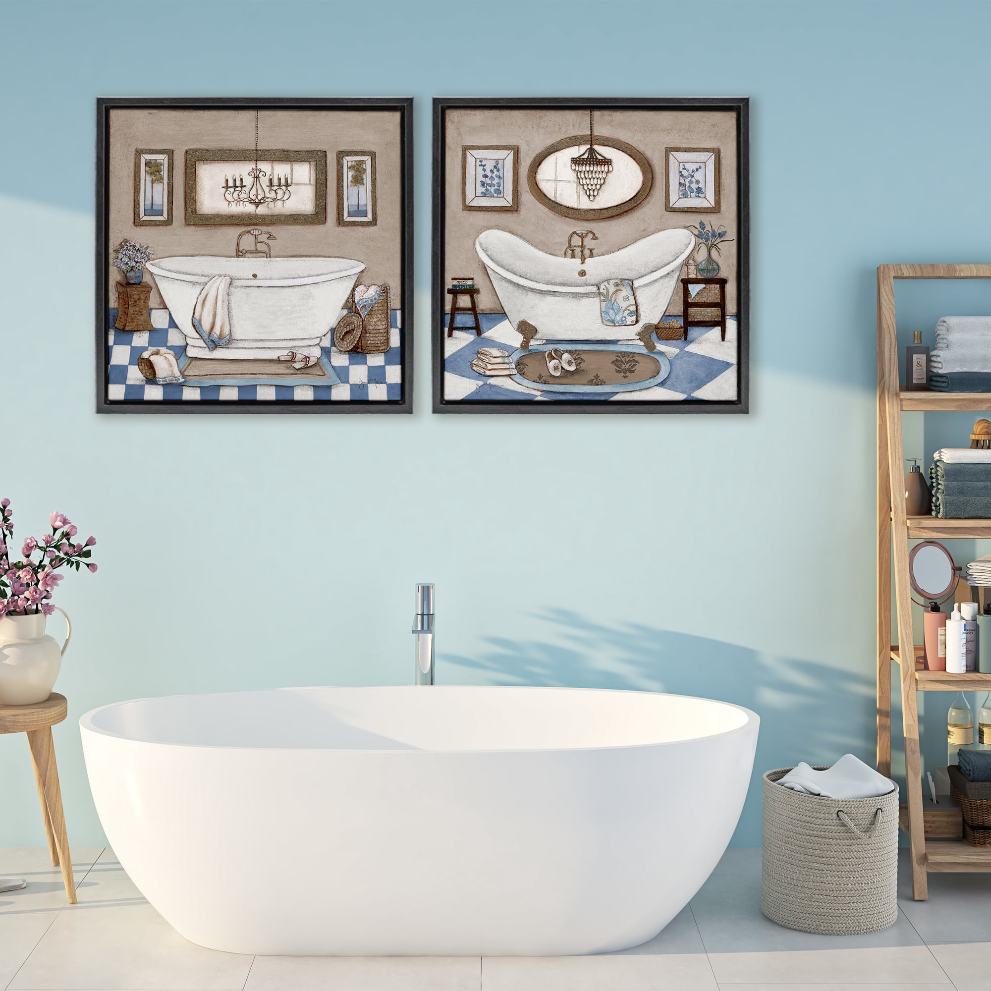 Stupell Industries Tiled Bathroom Views 2 Piece Black Framed Floater Canvas Set, design by Janet Tava