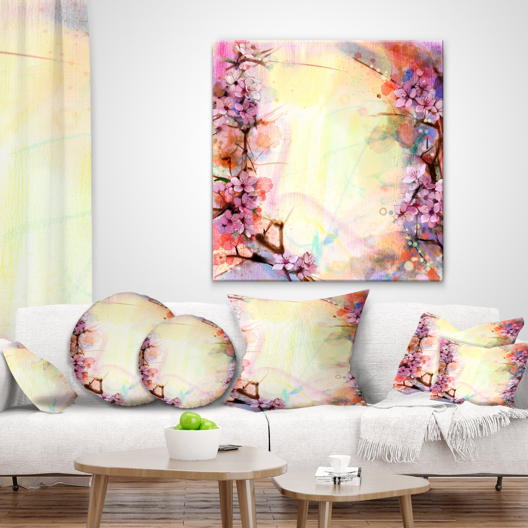 Designart Pink Sakura on Blurred Background - Floral Throw Pillow - 12x20