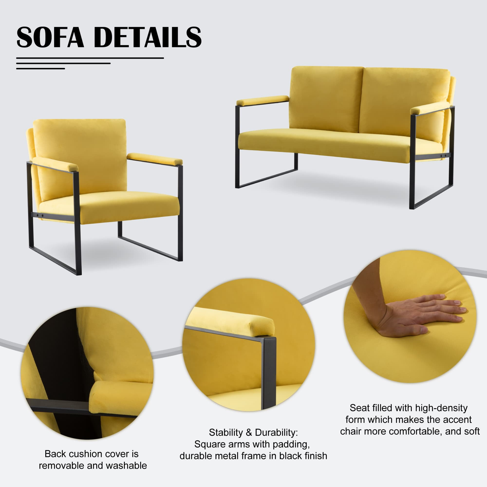 BSHTI Velvet Upholstery Accent Armchair,Metal Frame,Square Arms with Padding,Removable Back Cushion,Easy to Assemble,Yellow