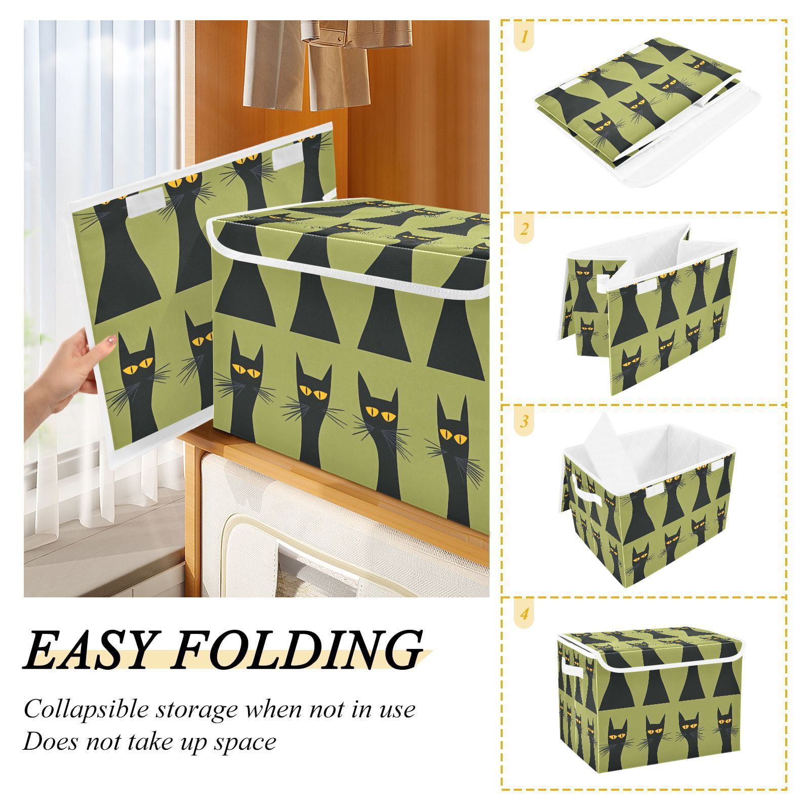 Black Cats and Green Storage Basket for Shelves Foldable Container Organizer for Organizing Toys Clothes Books with Handles