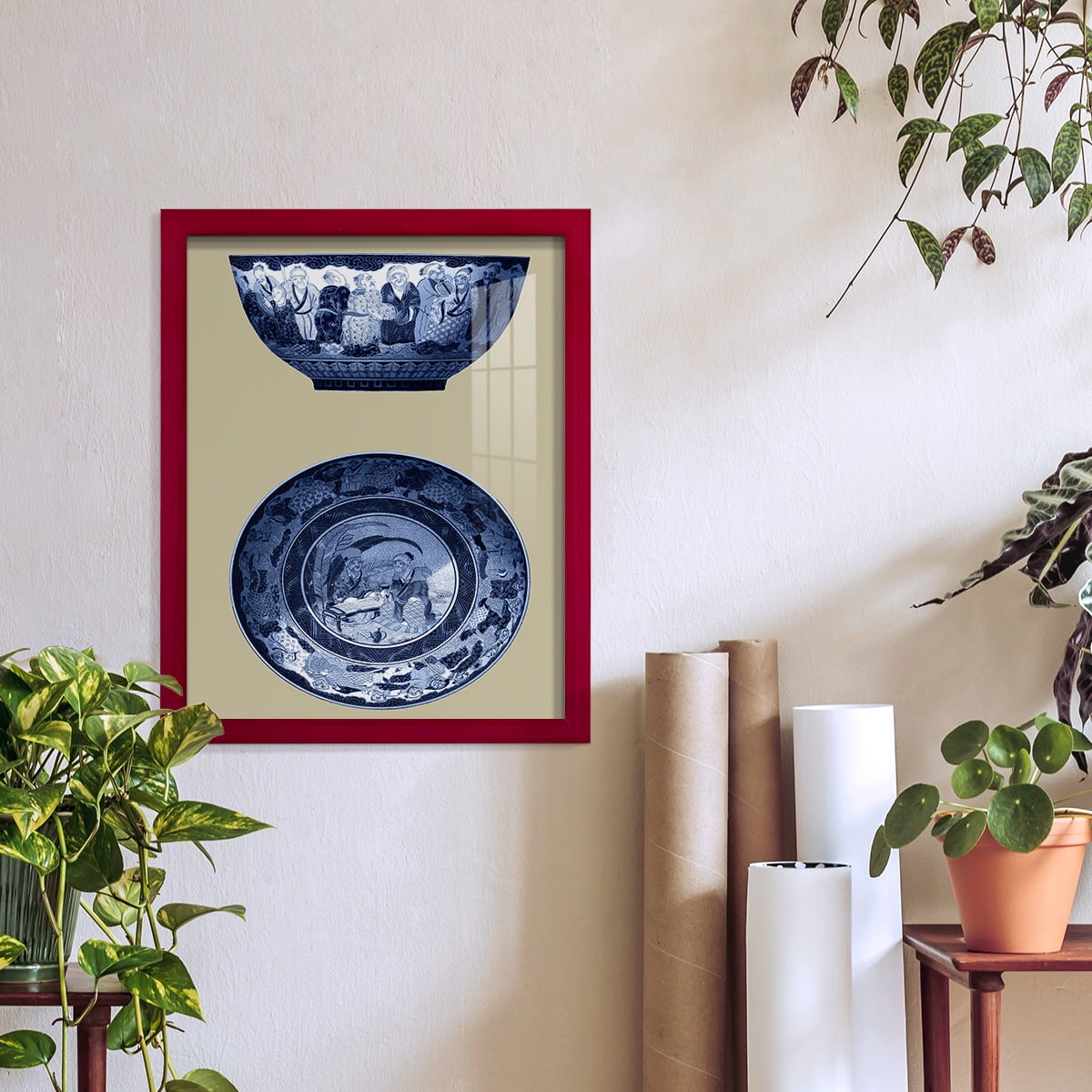 Porcelain in Blue and White II -Framed Print w/glass-Cherry Red