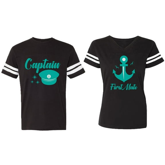 Captain First Mate Matching Couple Cotton Jerseys (Men Black / Women Black) (Men S / Women S)