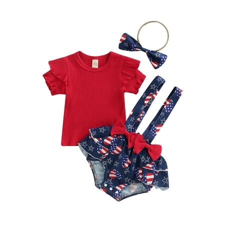 

Suanret Newborn Infants Baby Girl 3PCS Set Fly Sleeve Round Neck Shirt Stripe Heart Star Pattern Suspenders Shorts Headband Blue 3-6 Months