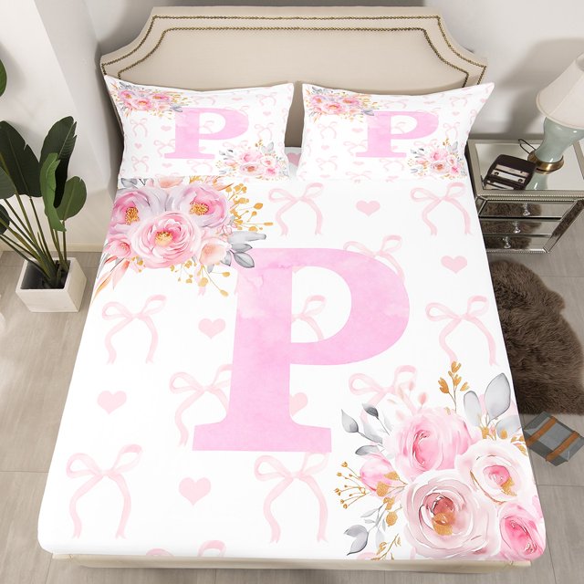 Erosebridal Ensemble de Draps-Housse Initiale A-Z Rêveur Simple, Literie Lettre Initiale P Taille Simple, Décor Rose 2 Pcs