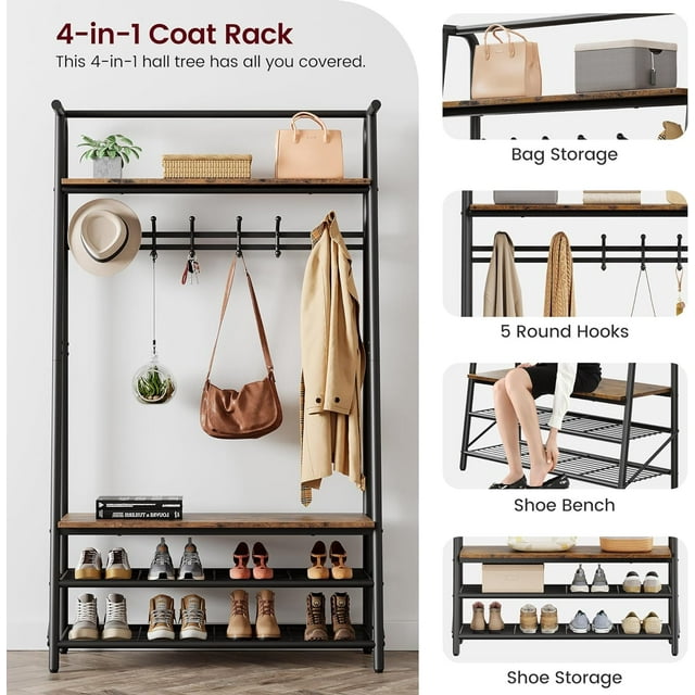 EastVita 4-Tier Rack,Hall Tree with Bench and Shoe Storage,with 5 Hooks,Shoe Shelves,Freestanding Coat and Shoe Rack Entryway,4-in-1 Wood Coat Stand,for Entryway,Living Room,100 single Row Hook