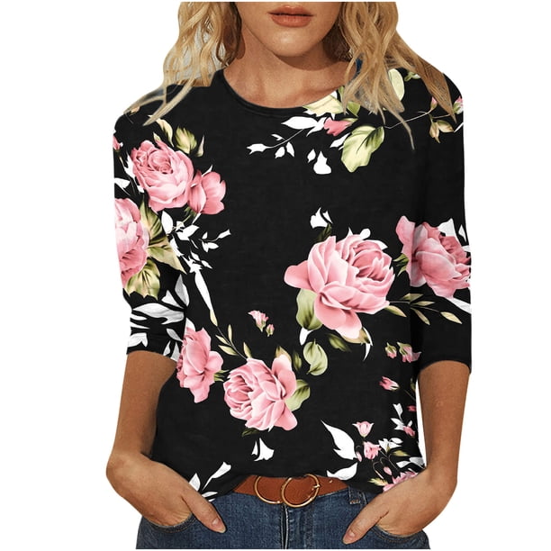 Blusas para Mujeres Casual 3/4 Manga Cuello Redondo Impreso Suelto, Top para Primavera Verano Diario Y Otoño