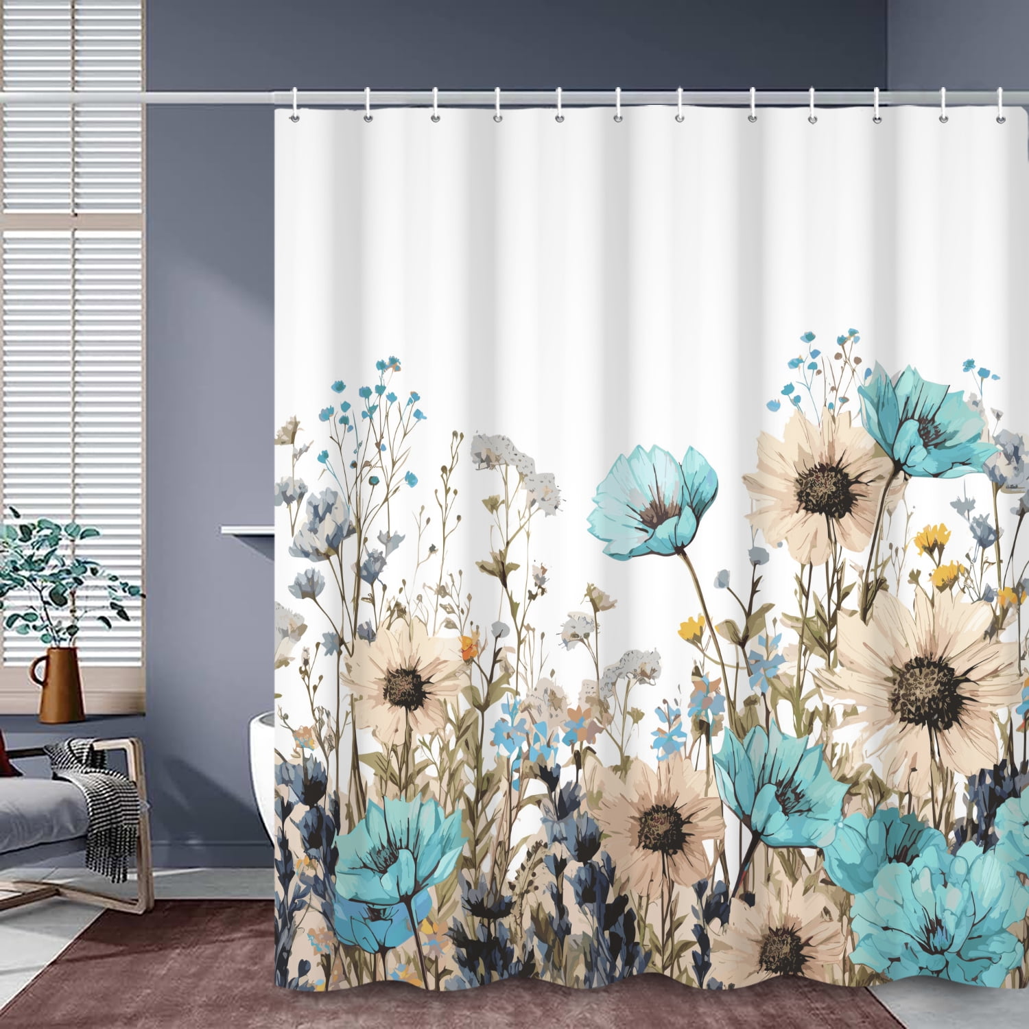 SUNOLIFE Spring Floral Shower Curtain,Teal Flowers Waterproof Polyster Bathroom Curtain, 60x72 in