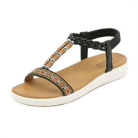 

Summer Casual Boho Flats Sandals for Women Comfortable Beach Braided Strap Beaded Shoes