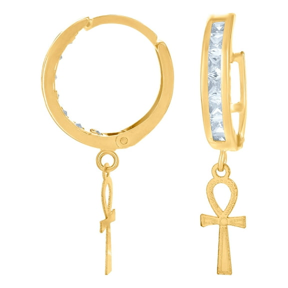 10k Yellow Gold Mens Cubic Zirconia Ankh Religious Faith Cross Dangle Hoop Earrings 27.3mm Long Earring for Men