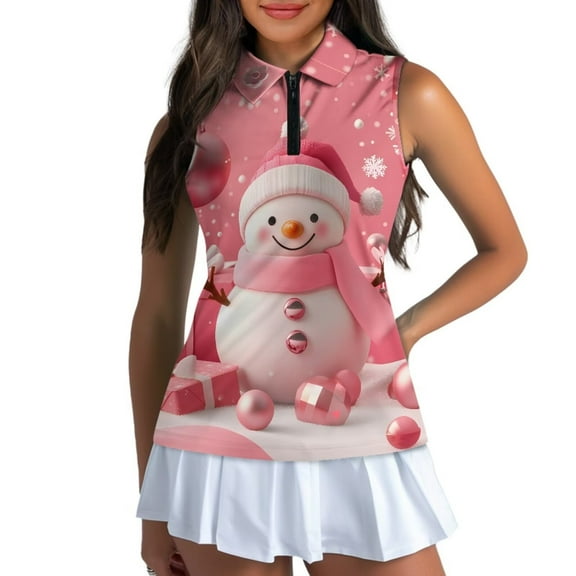Yuyamidu Pink Snowman Women's Sleeveless Golf Shirts Christmas Athletic Tennis Shirts Comfy Golf Clothes Workout Tank Tops Women Pullover Activewear Size XS