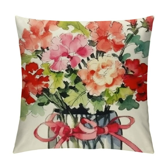 Heduofu Spring Summer Geranium Flowers Decorative Throw Pillow Cover Pink Red Floral Home Sweet Home Outdoor Decor, Seasonal Farmhouse Couch Cushion Case White