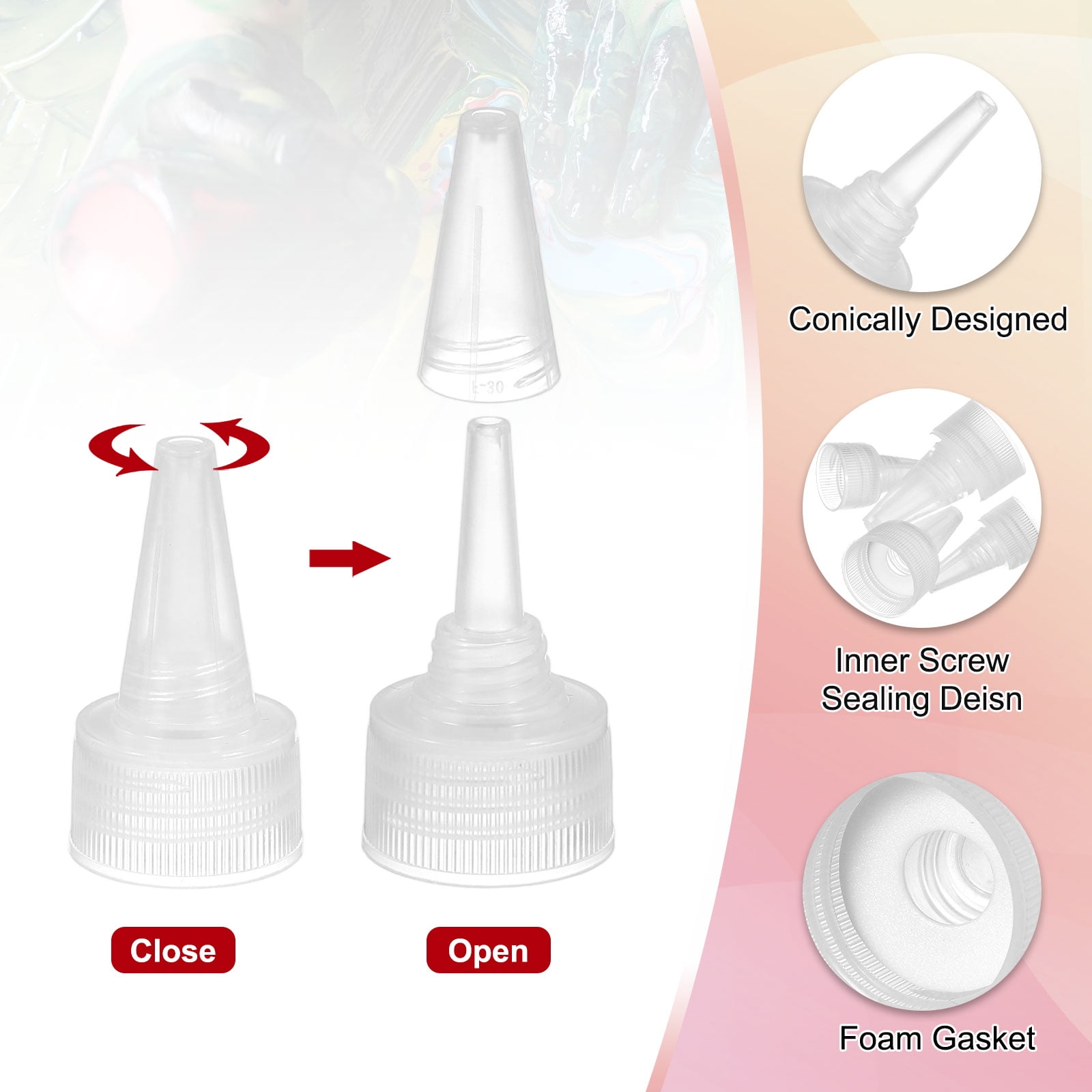 Uxcell24/410 Twist Top Caps, 100Pcs Plastic Squeeze Bottle Replacement Caps with Foam Gasket for Paint Lids Glue Dispensing DIY Crafts, Clear